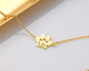 14k Gold Pet Name Bracelet for Women, Paw Print Bracelet, Personalized Dog Paw Bracelet,  Christmas Gift for her, Minimalist Paw Bracelet