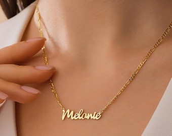 14k Gold Personalized Name Necklace with Figaro Chain, Custom Name Necklace, Dainty Name Jewelry, Gift For Her, Personalized Gift for Women
