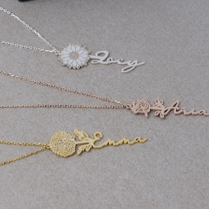 Name Necklace with Birth Flower, Personalized Birth Month Flower Name Necklace, Floral necklace, Mother&#39;s Day Gift,Bridesmaid Gift, Mom Gift