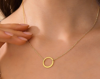 14K Gold Karma Halskette, Mittlere Ring-Halskette, Zierliche Kreis-Halskette, Offener Kreis-Anhänger, Zarte Schichtkette, Geschenk für Mutter, Beste Freundin