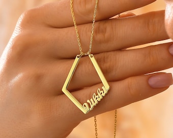 14K guldringhalsband med namn, geometriskt ringhalsband, personligt ringhållarhänge, present till henne, personliga smycken