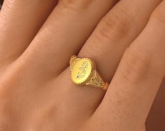 14k Gold Birth Flower Signet Ring, Birth Flower Jewelry, Birth Month Flower Gifts, Custom Signet Floral Ring, Valentines Day, Gift For Mom