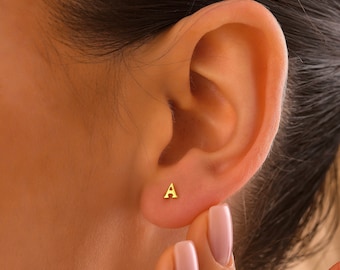 14K Solid Gold Super Tiny Letter Earrings , Initial Earrings, Best Christmas Gift, Best Mom Gift,  Small Stud Earring, Personalized Gift