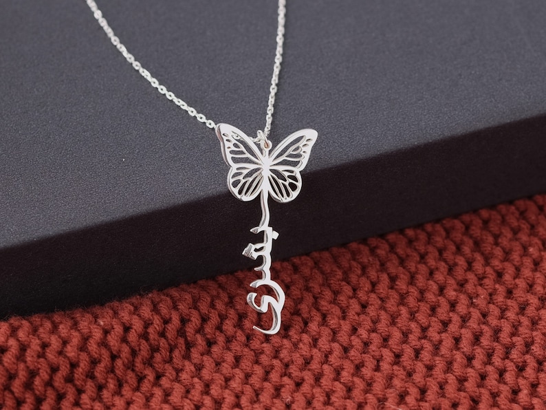 Personligt fjärilshängehalsband med arabiskt namn, mors dag-presenter, arabiskt namnhalsband i 925 sterlingsilver, personliga smycken bild 4