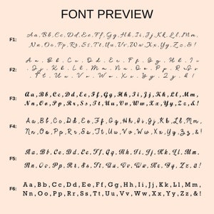 May include: Font preview image showing different styles of the alphabet in cursive script. The letters are labeled F1 through F6.