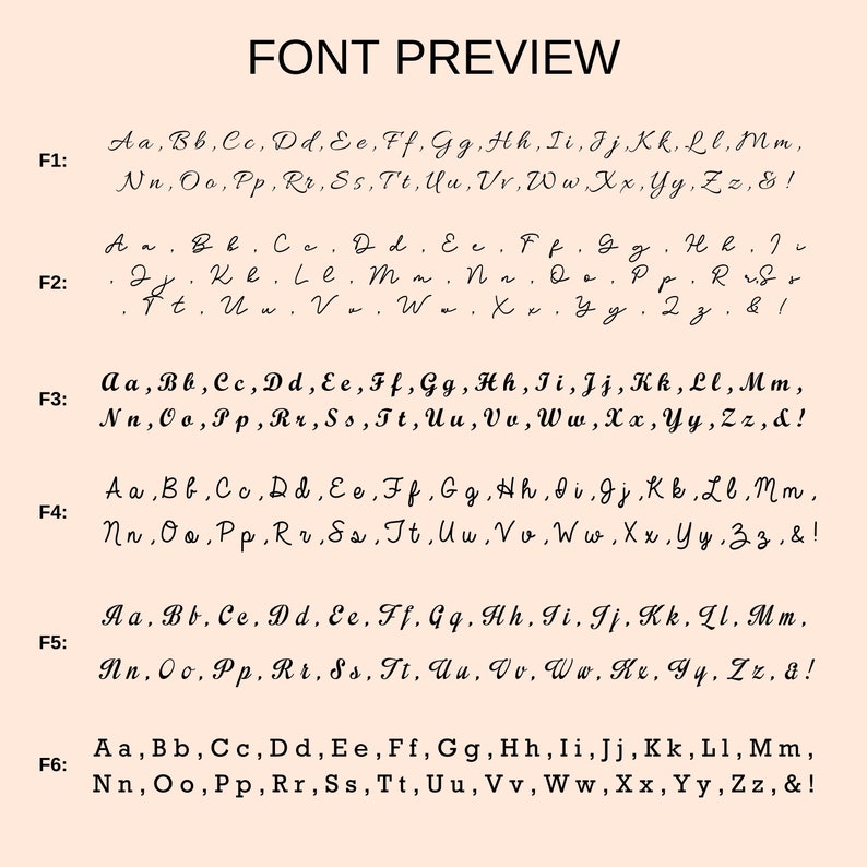 May include: Font preview image showing different styles of the alphabet in cursive script. The letters are labeled F1 through F6.