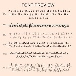 May include: A font preview image showing different letter styles and sizes. The font is a cursive script style. The letters are in black and the background is a light pink color.
