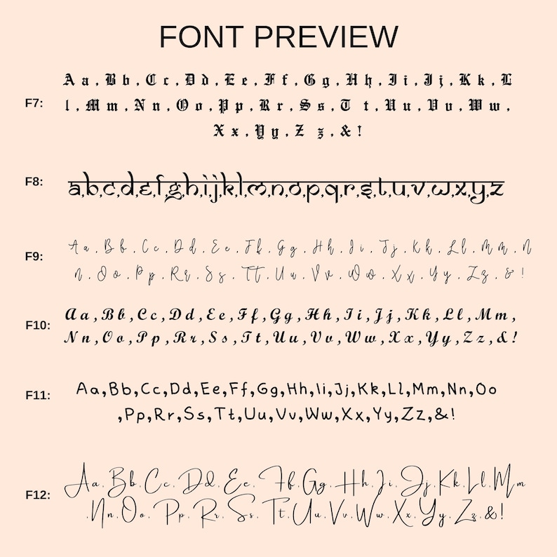 May include: A font preview image showing different letter styles and sizes. The font is a cursive script style. The letters are in black and the background is a light pink color.