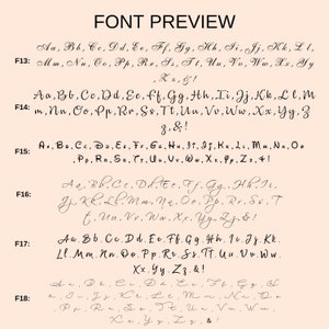 May include: A font preview image showing different styles of the alphabet in cursive handwriting. The letters are labeled with numbers F13 through F18.