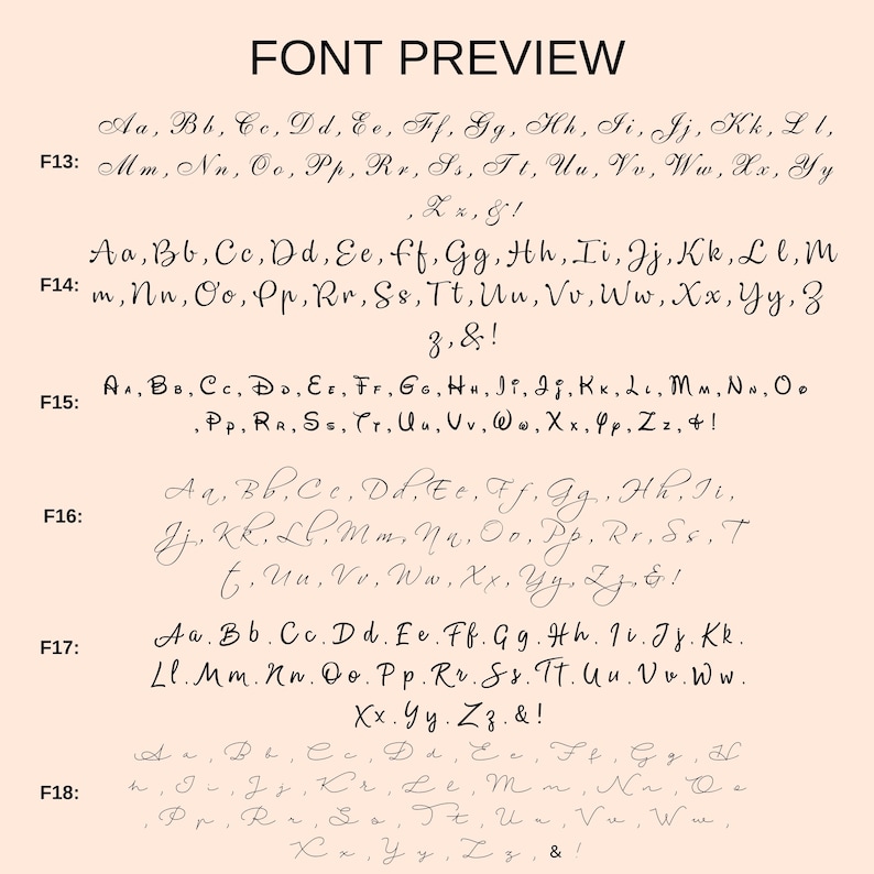 May include: A font preview image showing different styles of the alphabet in cursive handwriting. The letters are labeled with numbers F13 through F18.