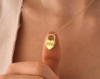 Collana con lucchetto a cuore in oro 14k, collana con cuore personalizzata, collana con numero di angelo a cuore, ciondolo con lucchetto a cuore, collane per donna, regalo per lei