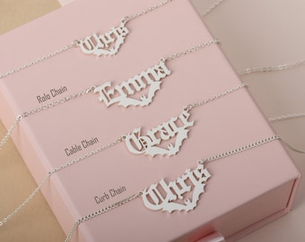 Bat Name Necklace - Mothers Day Gifts - Personalized Jewelry -  Sterling Silver Name Necklace - Personalized Bat Necklace - Vampire Necklace