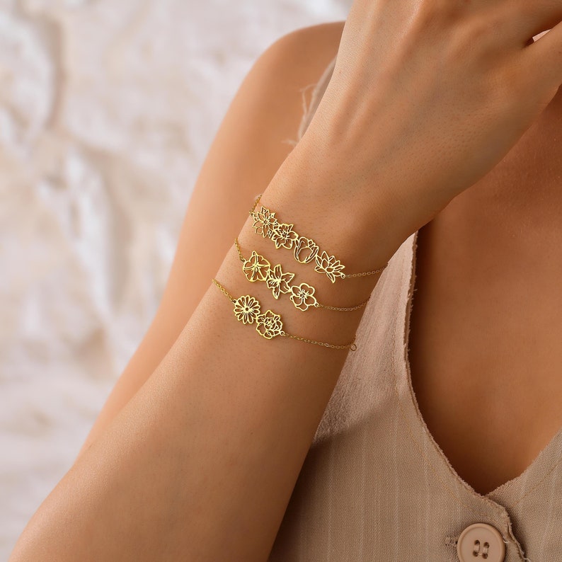 14k Gold Dainty Birth Flower Bracelet, , Bouquet bracelet, Personalized Jewelry,Birthday Gift for Her,Family Bracelet For Mom,Christmas Gift