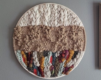 Handwoven Round Wall Hanging - Neutral and Rainbow Soumak - OOAK - SPECTERandASHE Handmade Original
