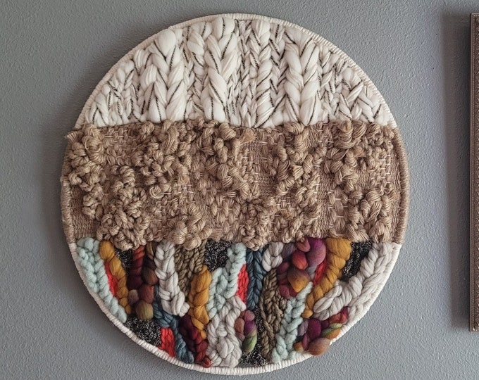 Featured listing image: Handwoven Round Wall Hanging - Neutral and Rainbow Soumak - OOAK - SPECTERandASHE Handmade Original