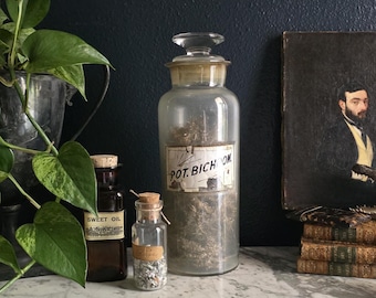 Antique 1890s - 1920s Potassium Bichromate Apothecary Bottle with Original Stopper and Label Under Glass