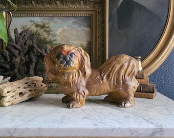 Vintage 1940s Chalkware Pekingese Figural Dog Statue