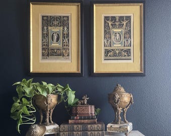 Antique Pair of Roman Hand-Colored Neoclassical Engravings | Muse & Cameos | Custom Vintage NYC Framed