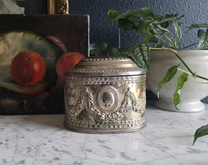 Featured listing image: Antique Garland and Rose Swag Silver-Plate Oval Storage Casket with Dark Red Velvet Lining