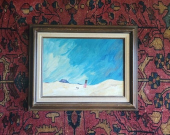 Vintage Original Oil on Canvas Solitary Walk Landscape Painting