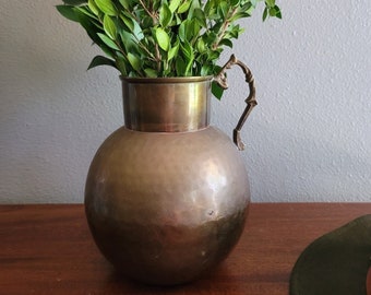 Vintage Hammered Brass Pitcher with Ornate Handle