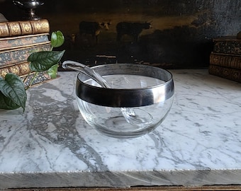 Vintage Silver Plate Rim Glass Condiment Bowl with Original Glass Spoon