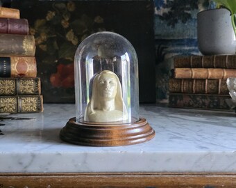 1940 Ceramic Bust in Glass Dome: Vintage Folk Art Sculpture on Wooden Base
