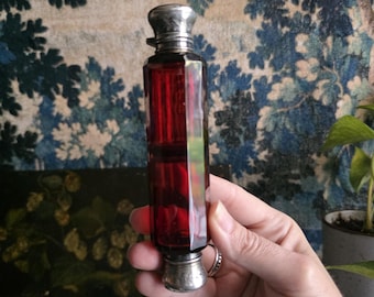 Victorian Double-Ended Scent Bottle, Faceted Ruby Red Glass, 19th Century Antique