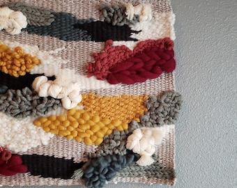 Handwoven Wall Tapestry - Reds Blues and Yellows - SPECTERandASHE Handmade