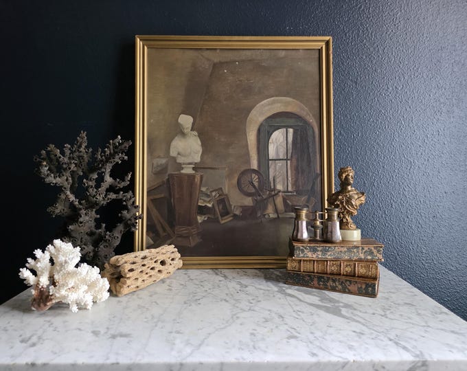 Featured listing image: Vintage Studio Interior Oil Painting on Lightweight Board - Unsigned