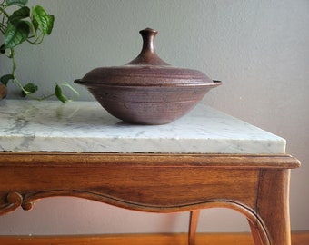 Vintage Signed Studio Pottery Covered Dish - Purple Ocher and Blue Hues