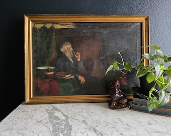 Antique Moody Male Portrait Fireside Painting - Unsigned