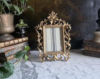 Antique Victorian Cast Iron Easel Picture Frame Gold Gilt Ornate Scroll Kickstand