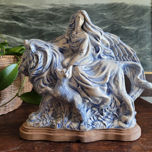 Vintage Ceramic Fine Art Statue of Angel Lion and Lamb - Limited Edition and Artist Signed -