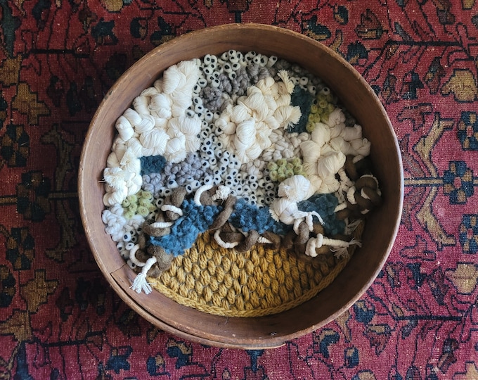 Featured listing image: Handmade Woven Fiber Art in Bent Wood Antique Grain Sieve - Textural Fiber Art - OOAK