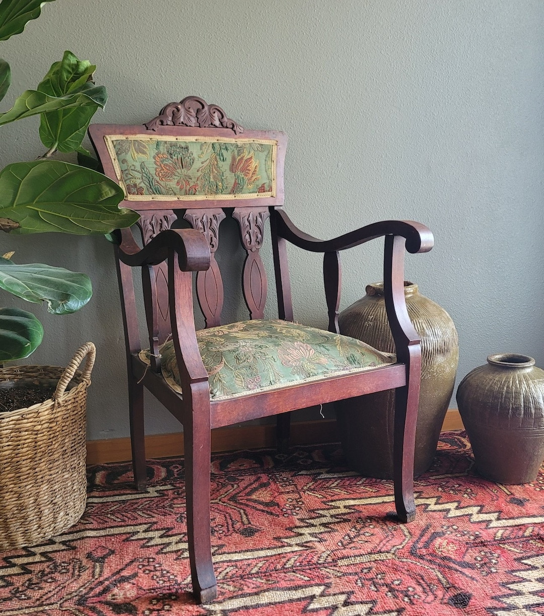 Antique Victorian Wooden Captains Dining Chair Silk Upholstery