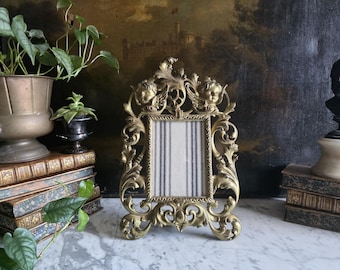 Antique Art Nouveau Cast Iron Easel Frame Gold Gilt Cherubs Putti Angels