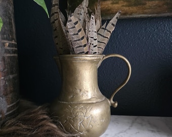 Antique Primitive Cast Brass Pitcher with Folk Art "Heart & K" Etching