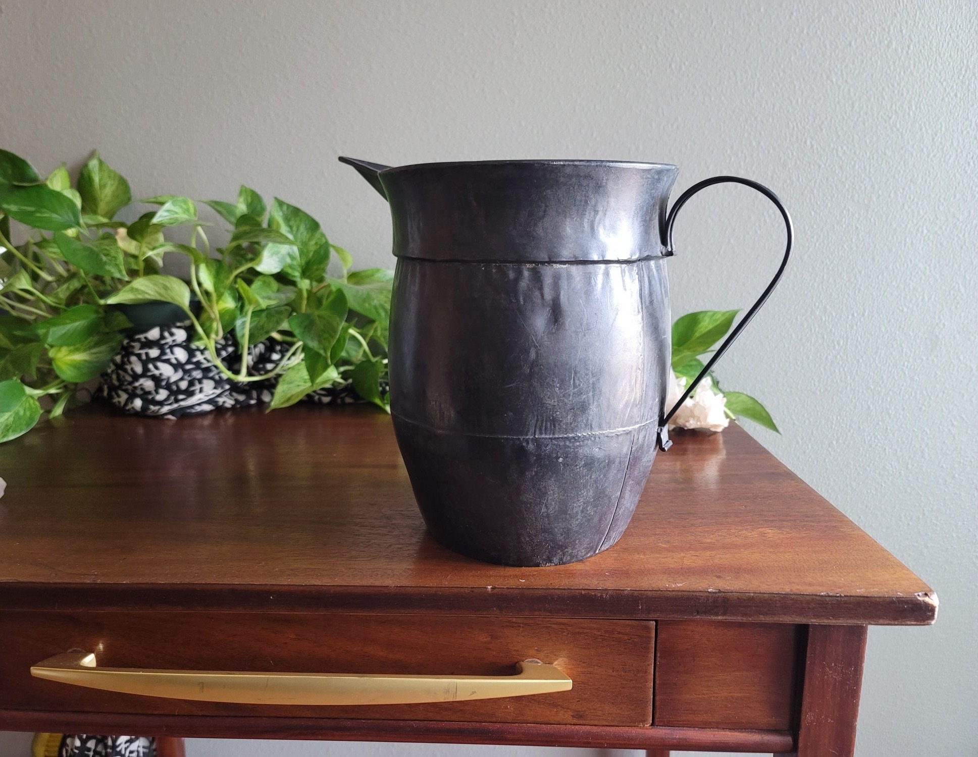 Large Vintage Black Metal Pitcher Etsy