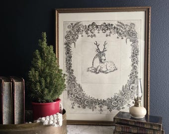 Vintage Signed Stag and Floral Garland Intaglio Print, Dated 1994