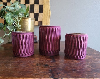 Vintage Mercury Glass Burgundy Velvet Containers - Votive Holders - Small Wide Mouth Vase