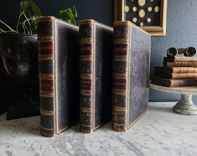 Featured listing image: Antique Purple Fine Binding Book Set - The Complete Works of Shakspere - Circa 1850 - 1865