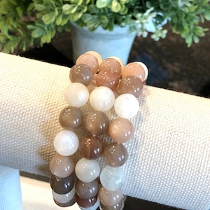 10mm Natural Multi-Color Moonstone Stretch Cord Bracelet Crystals 7” Length