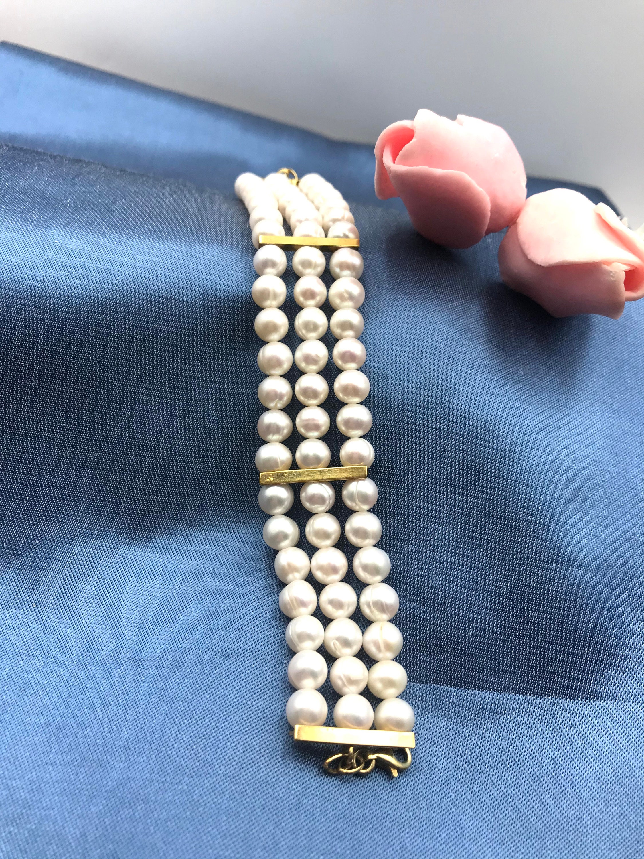 Real Pearl bracelet 6.57 mm White Freshwater Pearl 3 row Etsy