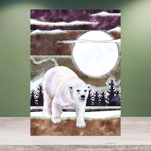 Polar Bear Greeting Card, Blank Holiday Note Card 5x7&quot;, Single Blank Card, Polar Bear, Full Moon