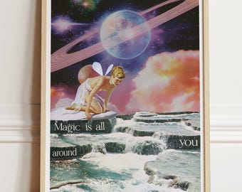 Impression d'art collage rétro Rêves de fées : décoration rétrofuturisme surréaliste (téléchargement numérique)