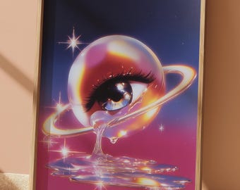 Poster Trippy Drippy Eye Planet : oeuvre d'art murale rétro glam (téléchargement numérique