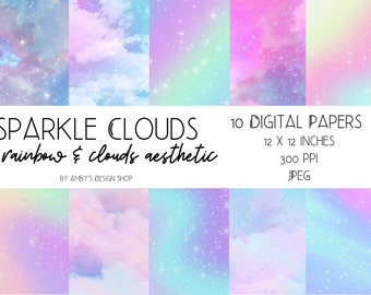 Sparkle Rainbow Clouds Digital Paper / Pastel Aesthetic Digital Scrapbook Paper / Digital Download Paper Pack for Commercial Use