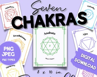 Seven CHAKRAS Printables Set | INSTANT DOWNLOAD | Printable Wall Art | Yoga Decor | 8x10 printable | digital download | png | jpeg