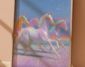 Impression éthérée de chevaux scintillants, art mural licorne de l'an 2000 (téléchargement numérique)